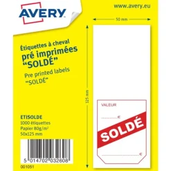 Avery - 1000 étiquettes à cheval pré-imprimées Soldé - 50 x 125 mm - Blanc/Rouge