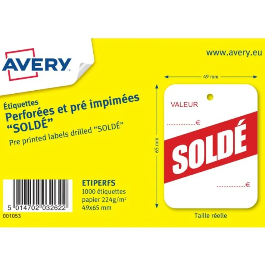 Avery - 1000 étiquettes perforées pré-imprimées Soldé - 49 x 65 mm - Blanc/Rouge