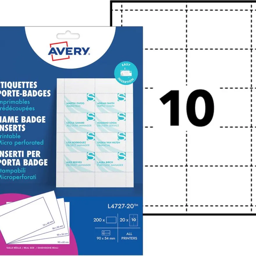 Avery - 200 inserts imprimables pour badges - 54 x 90 mm - 190 g/m² - blanc