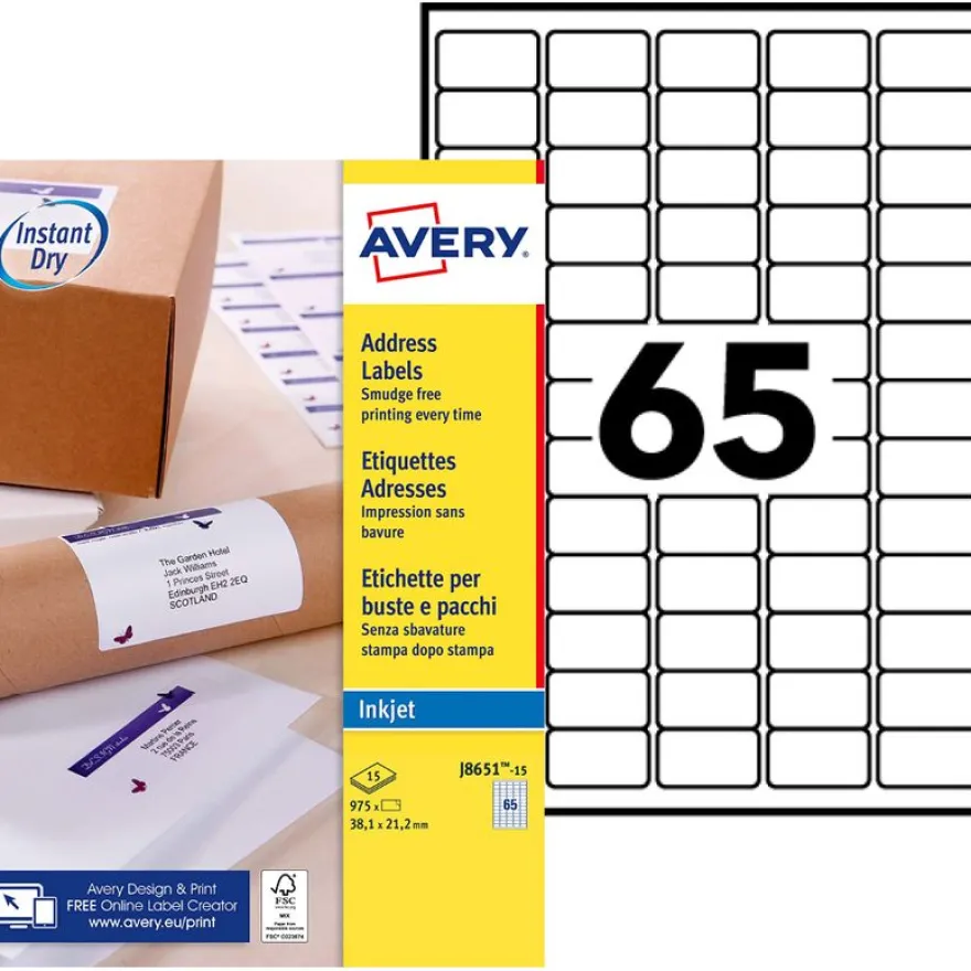Avery - 975 Mini Étiquettes adresse blanches - 21,2 x 38,1 mm - Impression jet d'encre - réf J8651-15