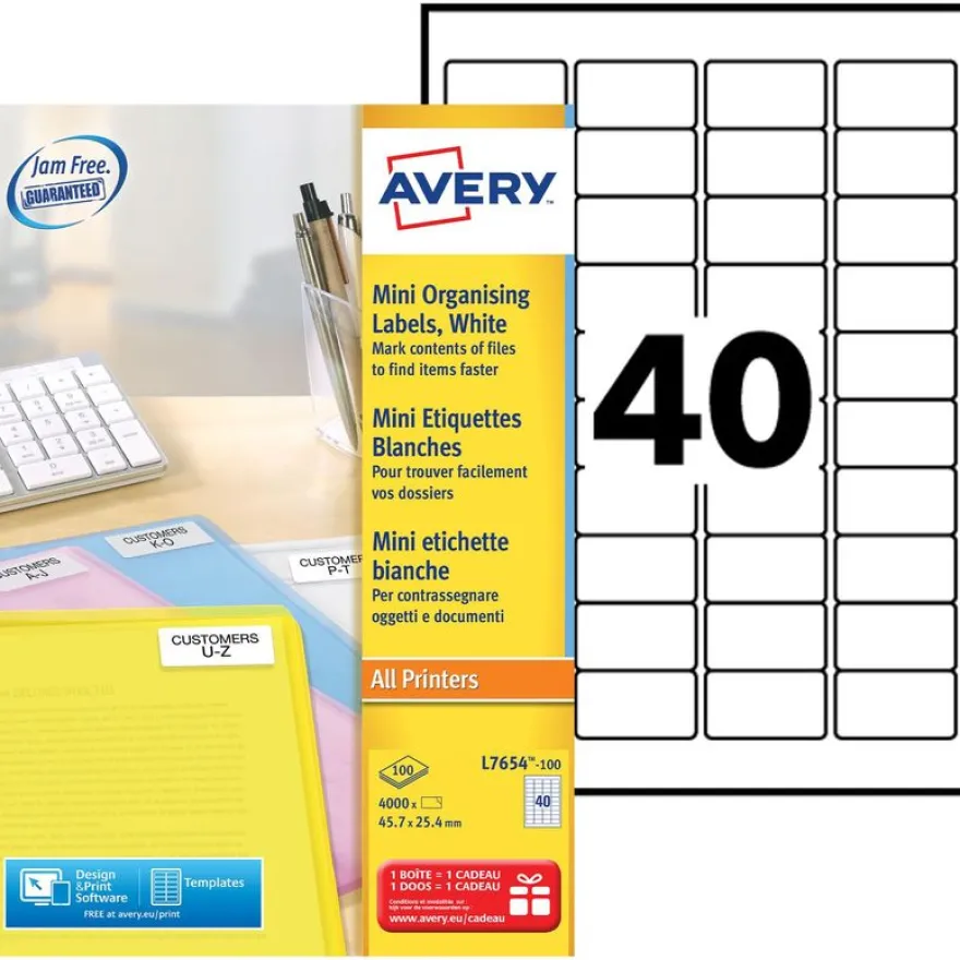 Avery - 4000 Mini Étiquettes multi-usages blanches - 45,7 x 25,4 mm - Impression laser - réf L7654-100