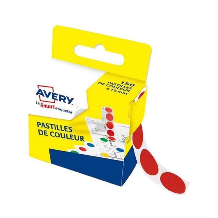 Avery - 150 Pastilles adhésives - rouge - diamètre 15 mm - boîte distributrice