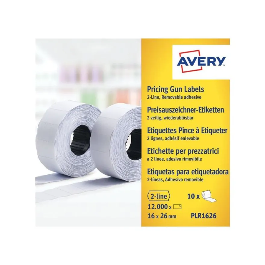 Avery - 10 rouleaux de 1200 étiquettes amovibles pour étiqueteuse 2 lignes - 16 x 26 mm - Blanc