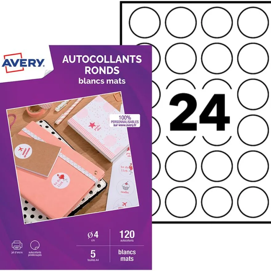 Avery - 120 Étiquettes adhésives rondes blanc mat - diamètre 40 mm - réf C9422M