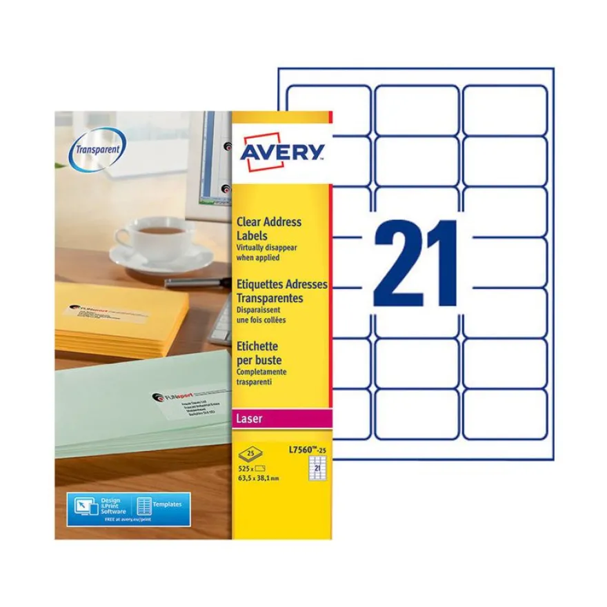 Avery - 525 Étiquettes adresse transparentes - 63,5 x 38,1 mm - Impression laser - réf L7560-25