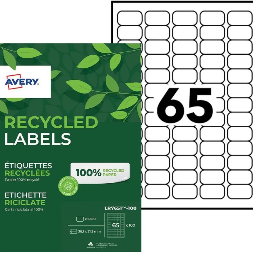 Avery - 6500 Étiquettes adresse recyclées blanches - 38,1 x 21,2 mm - Impression laser - réf LR7651-100