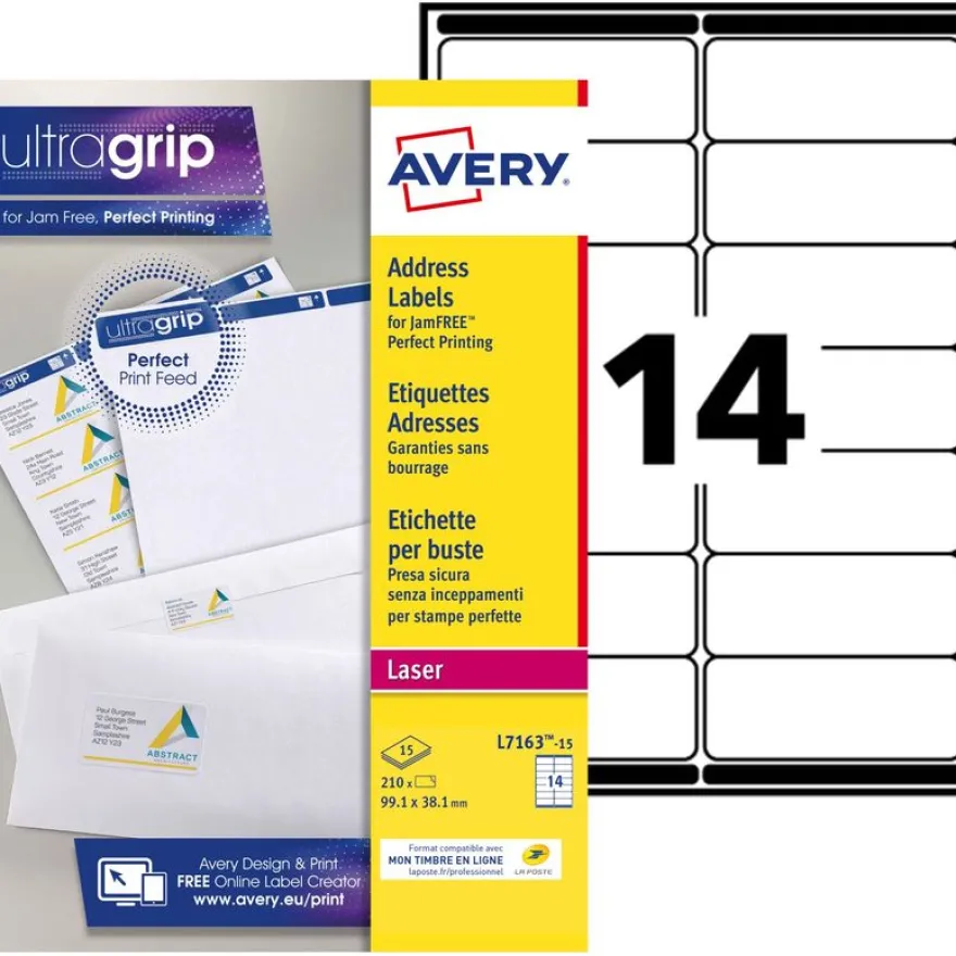 Avery - 210 Étiquettes adresse blanches - 99,1 x 38,1 mm - Impression laser - réf L7163-15