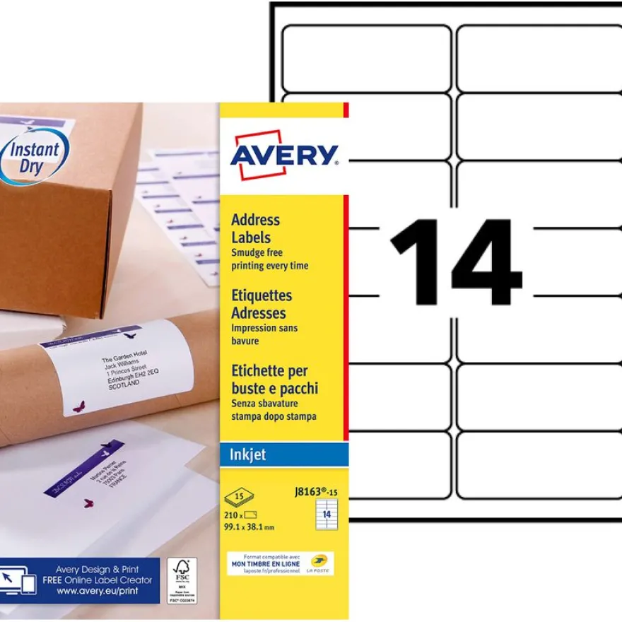 Avery - 210 Étiquettes adresse blanches - 99,1 x 38,1 mm - Impression jet d'encre - réf J8163-15