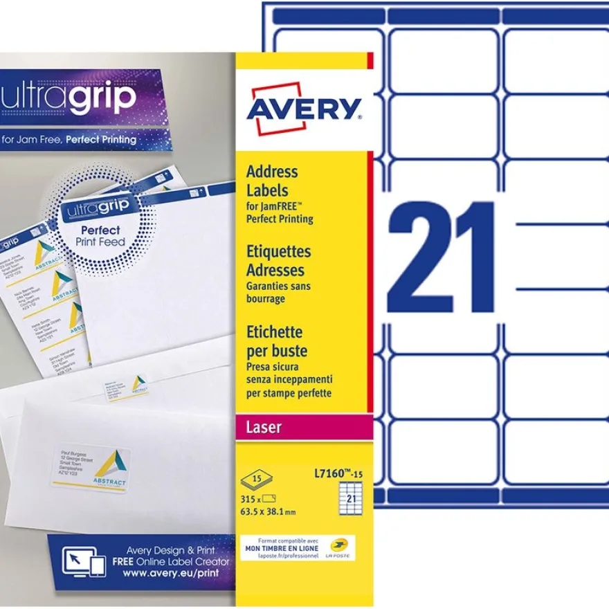 Avery - 315 Étiquettes adresse blanches - 63,5 x 38,1 mm - Impression laser - réf L7160-15