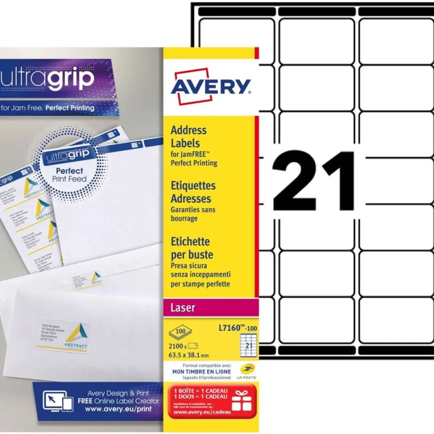 Avery - 2100 Étiquettes adresse blanches - 63,5 x 38,1 mm - Impression laser - réf L7160-100
