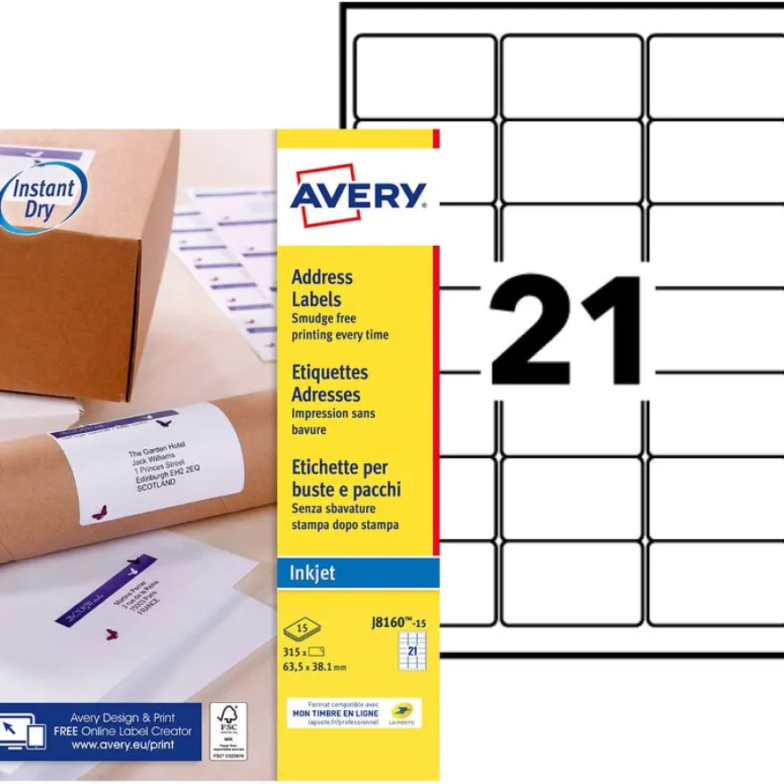 Avery - 315 Étiquettes adresse blanches - 38,1 x 63,5 mm - Impression jet d'encre - réf J8160-15