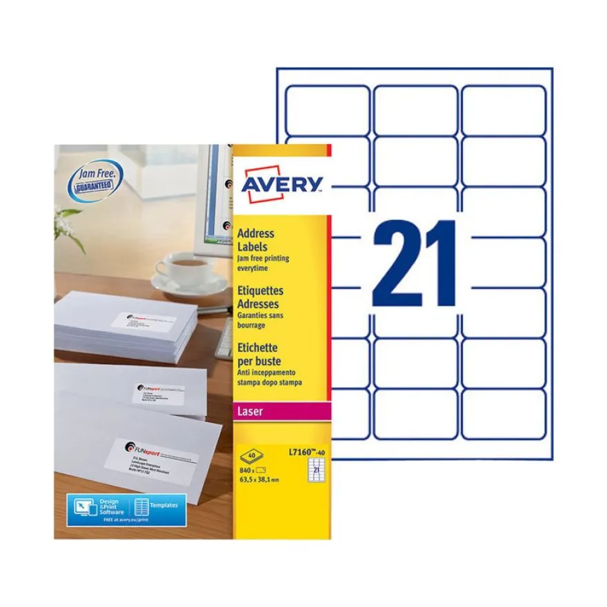 Avery - 840 Étiquettes adresse blanches - 63,5 x 38,1 mm - Impression laser - réf L7160-40