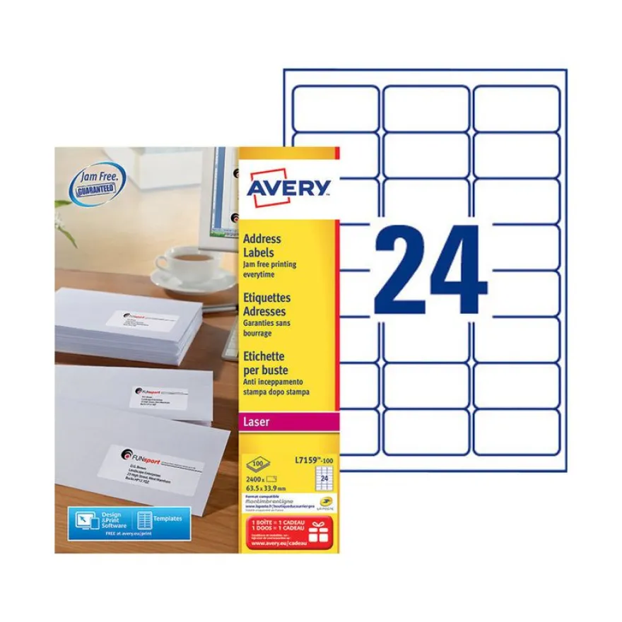 Avery - 2400 Étiquettes adresse blanches - 63,5 x 33,9 mm - Impression laser - réf L7159-100