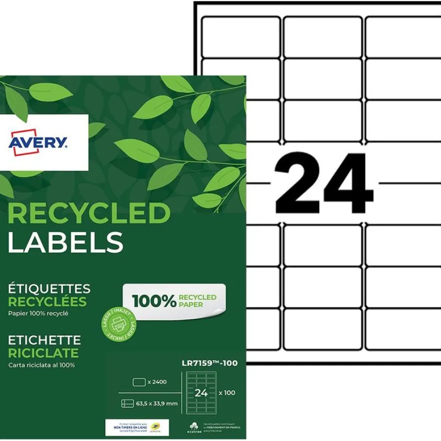 Avery - 2400 Étiquettes adresse recyclées blanches - 63,5 x 33,9 mm - Impression laser - réf LR7159-100