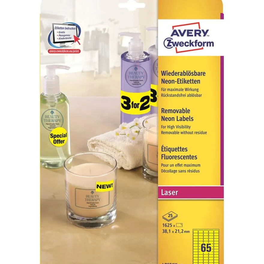 Avery - 1625 Étiquettes amovibles jaune fluo - 38,1 x 21,2 mm - Impression laser - réf L7651Y-25