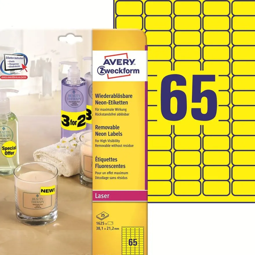 Avery - 1625 Étiquettes amovibles jaune fluo - 38,1 x 21,2 mm - Impression laser - réf L7651Y-25