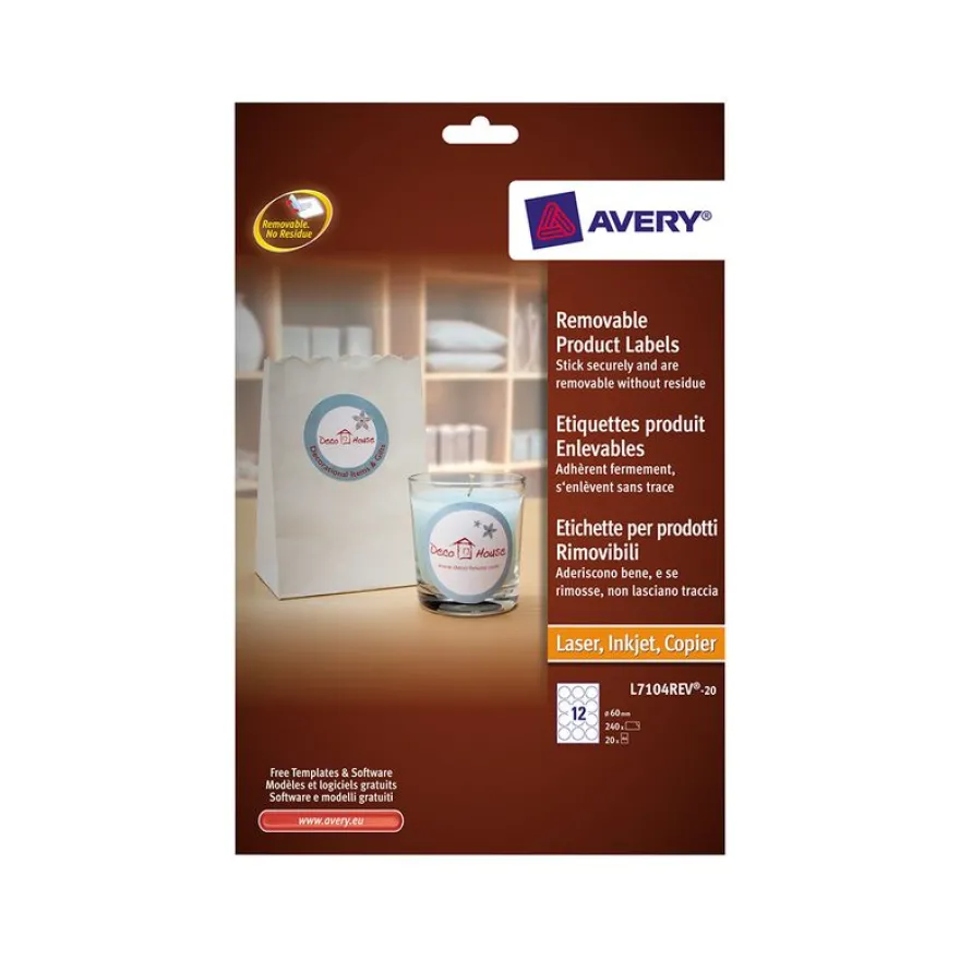 Avery - 240 Étiquettes amovibles rondes blanches - diamètre 60 mm - réf L7104REV-20