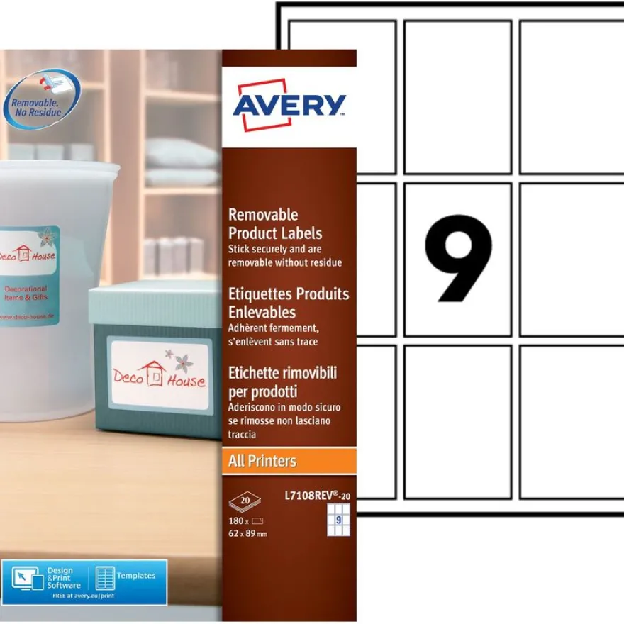 Avery - 20 Étiquettes amovibles blanches - 62 x 89 mm