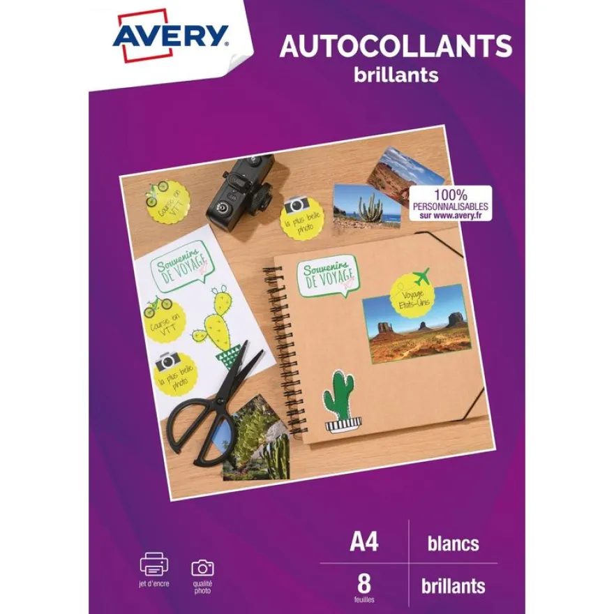 Avery - 8 Étiquettes autocollantes brillantes blanches - 199,6 x 289,1mm - Impression jet d'encre