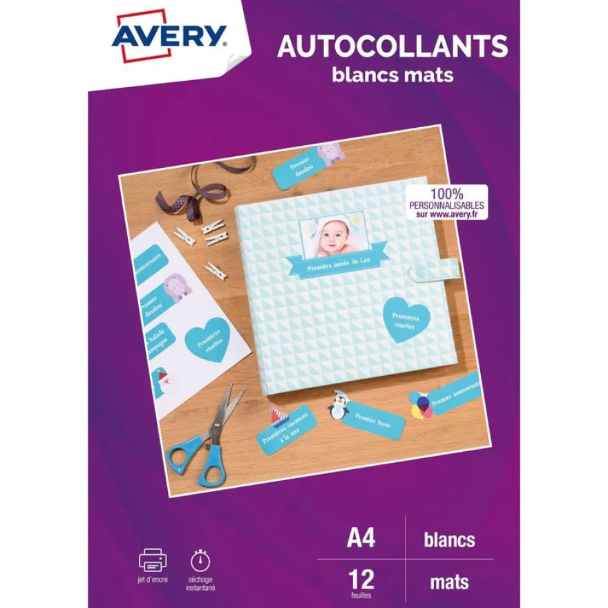 Avery - 12 Étiquettes multi-usages blanches - 199,6 x 289,1 mm - Impression jet d'encre - réf J8167-12