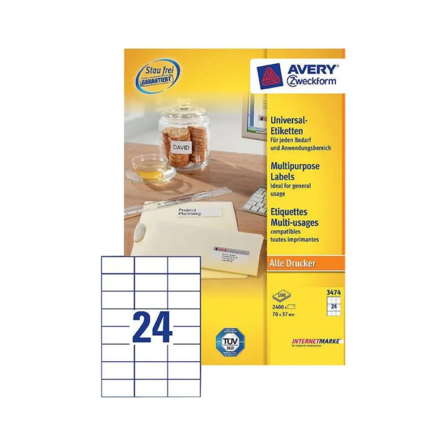 Avery - 2400 Étiquettes multi-usages blanches - 70 x 37 mm - réf 3474-100