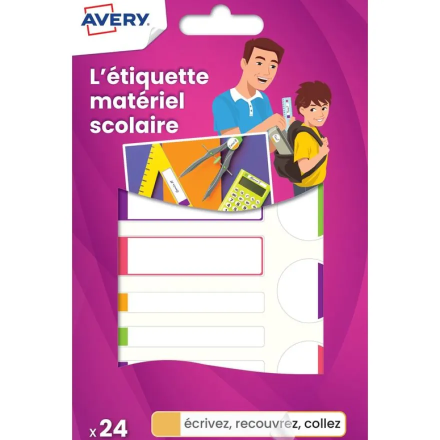 Avery - 24 Étiquettes plastifiées multi-usages blanches avec bordure fluo verte, bleue, jaune et rouge - 63 x 16 / 63 x 8 / Ø 25 mm