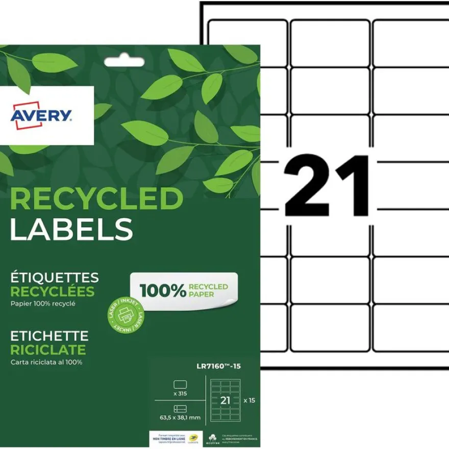Avery - 315 Étiquettes recyclées blanches - 63,5 x 38,1 mm - Impression laser ou jet d'encre - réf LR7160-15
