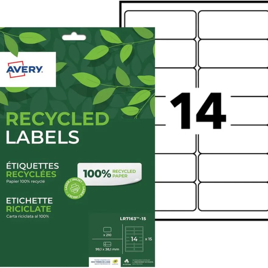 Avery - 210 Étiquettes recyclées blanches - 99,1 x 38,1 mm - Impression laser ou jet d'encre - réf LR7163-15