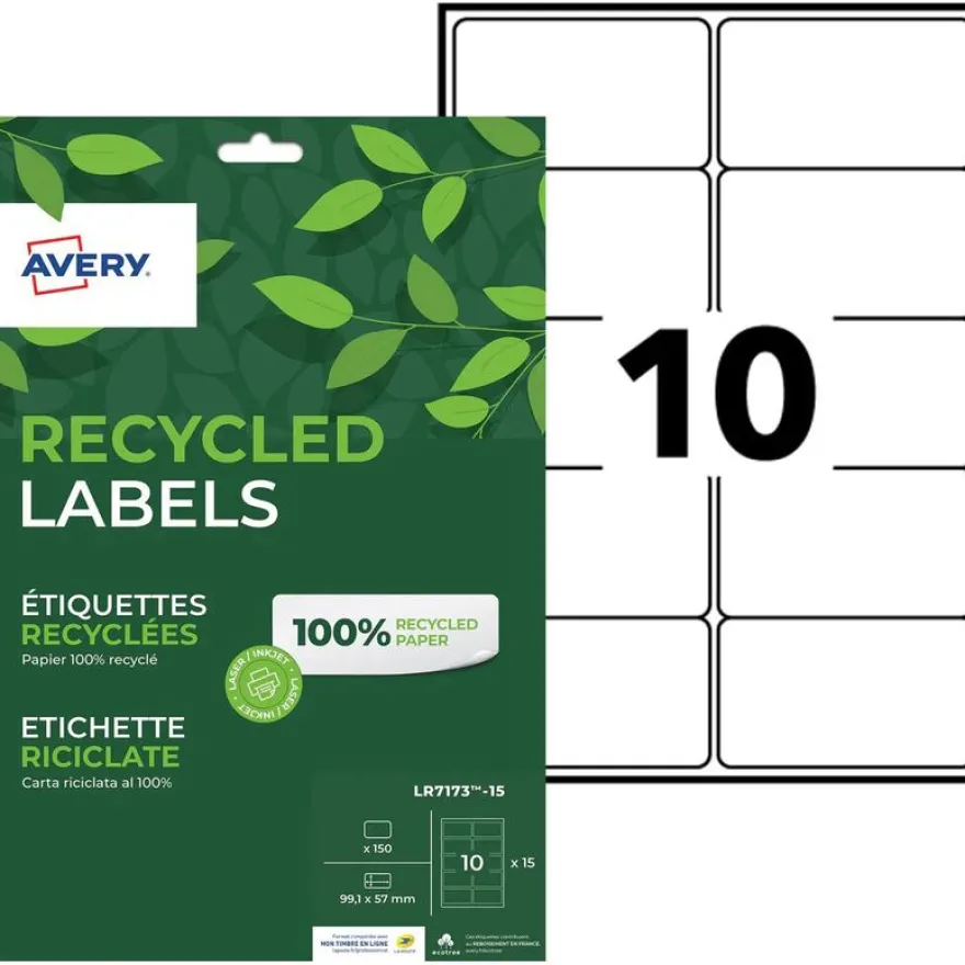 Avery - 150 Étiquettes recyclées blanches - 99,1 x 57 mm - Impression laser ou jet d'encre - réf LR7173-15