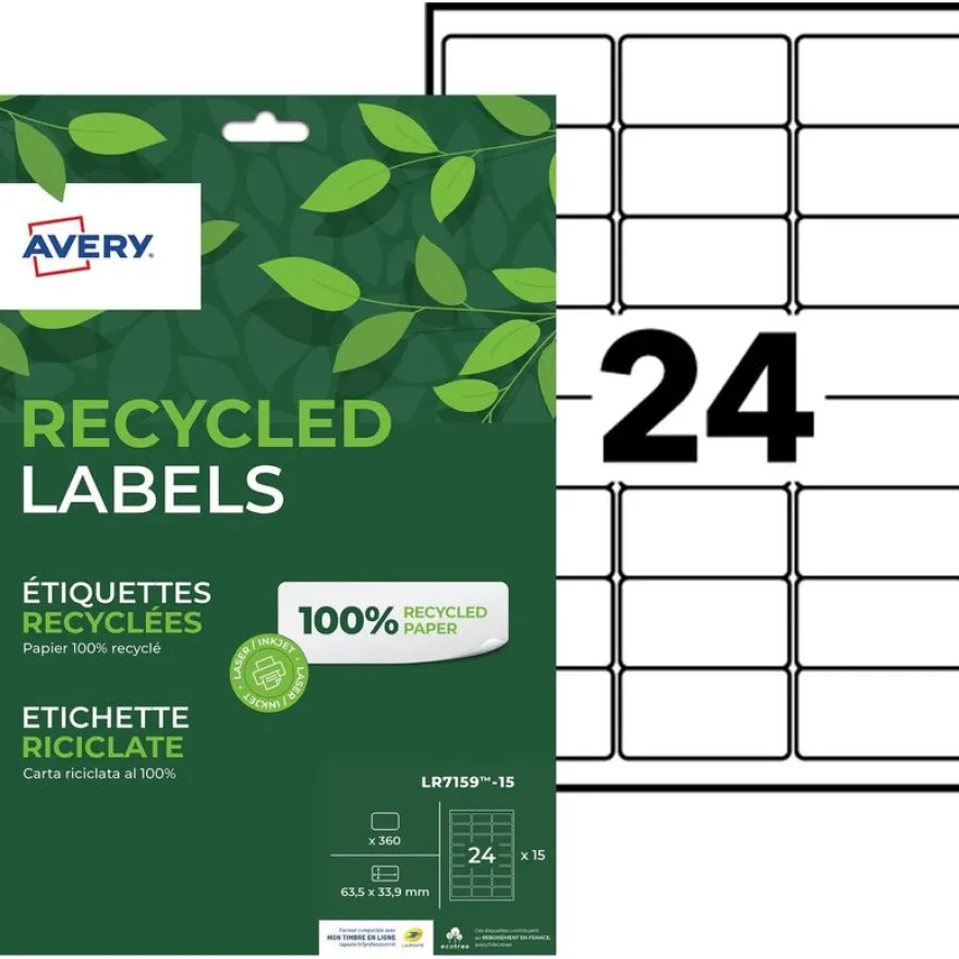 Avery - 360 Étiquettes recyclées blanches - 63,5 x 33,9 mm - Impression laser ou jet d'encre - réf LR7159-15