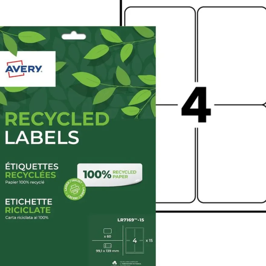 Avery - 60 Étiquettes recyclées blanches - 99,1 x 139 mm - Impression laser ou jet d'encre - réf LR7169-15