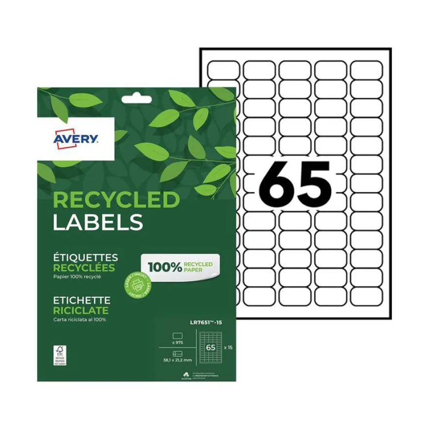 Avery - 975 Étiquettes recyclées blanches - 38,1 x 21,2 mm - Impression laser ou jet d'encre - réf LR7651-15