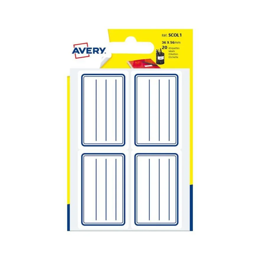 Avery - 20 Étiquettes scolaires blanches lignées bleu - 36 x 56 mm