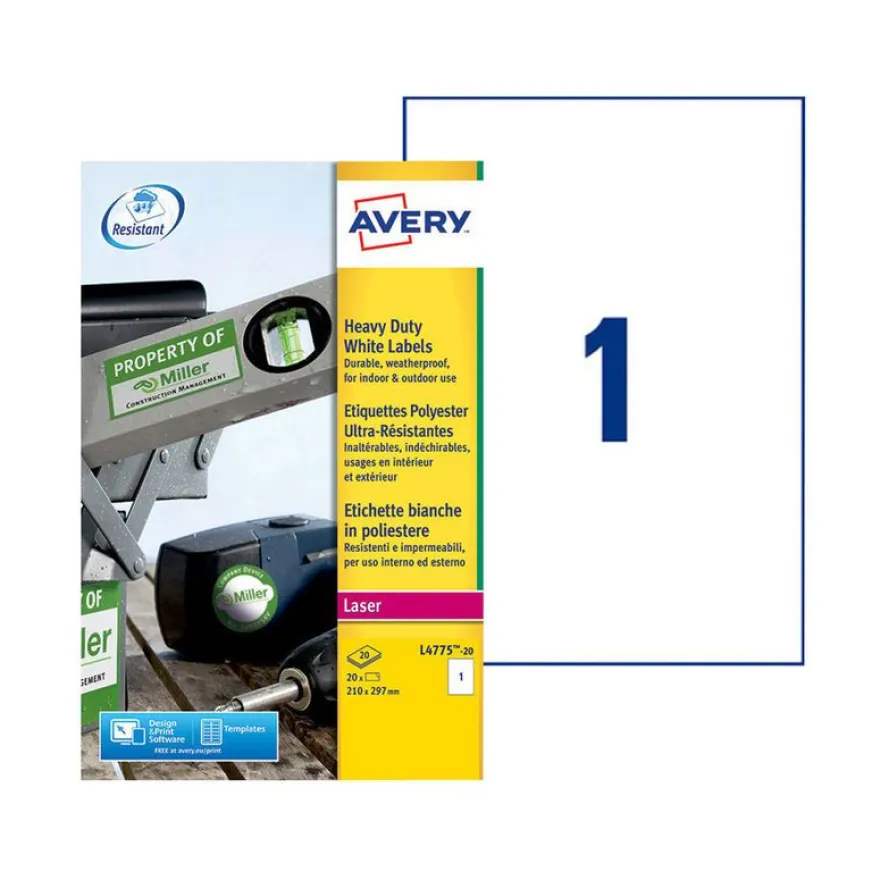 Avery - 20 Étiquettes ultra résistantes blanches - A4 - Impression laser - réf L4775-20