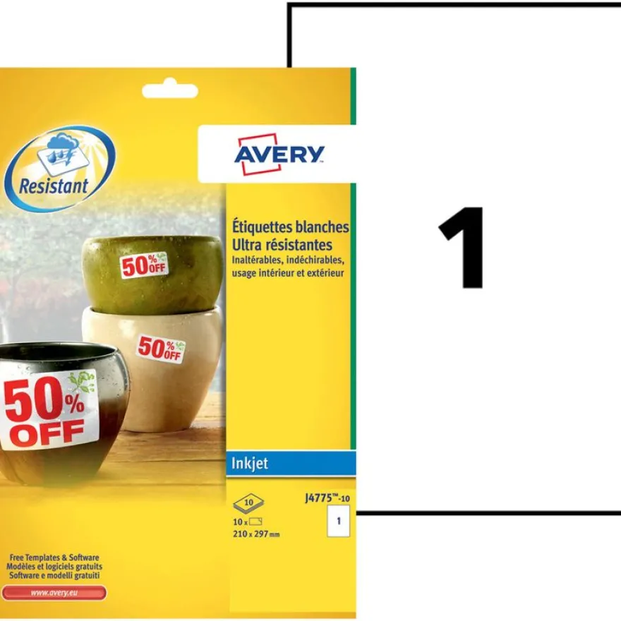 Avery - 10 Étiquettes ultra résistantes blanches - A4 - Impression jet d'encre - réf J4775-10