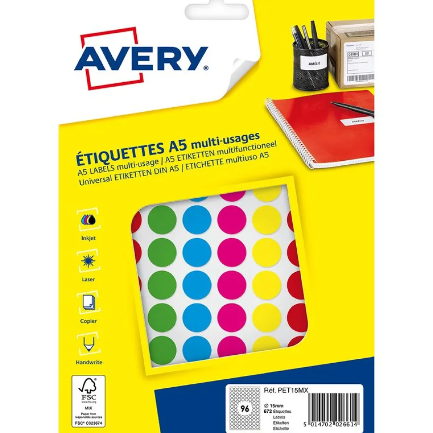 Avery - Etui A5 - 672 Pastilles adhésives - couleurs assorties - diamètre 15 mm