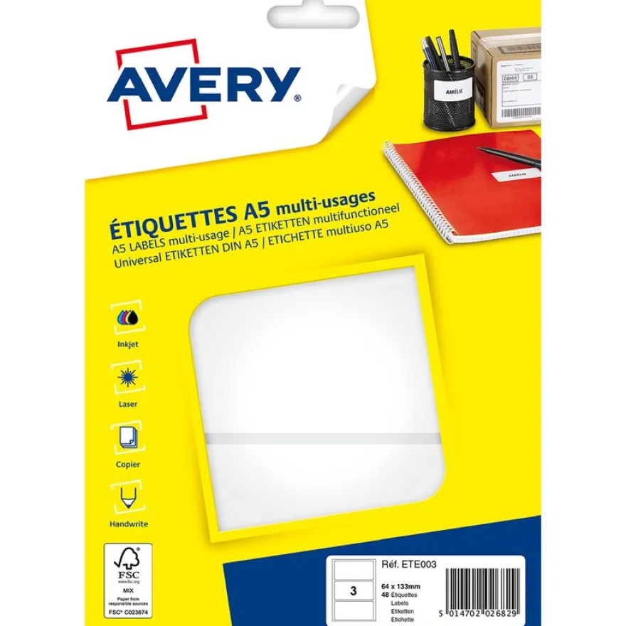 Avery - Etui A5 - 48 Étiquettes multi-usages blanches - 64 x 133 mm - réf ETE003