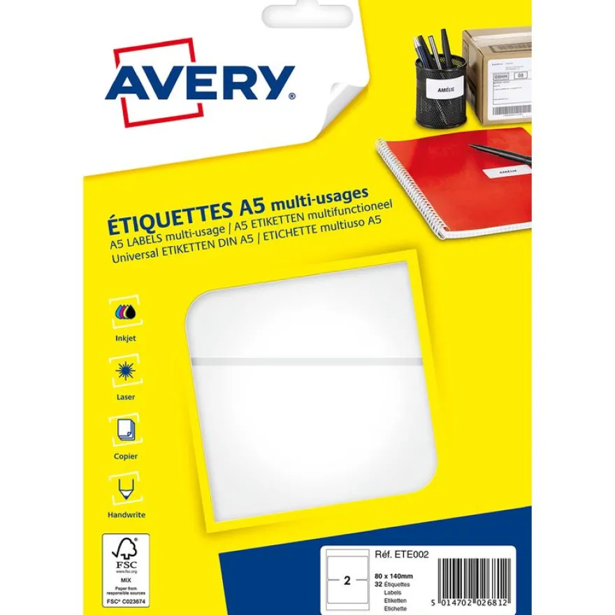 Avery - Etui A5 - 32 Étiquettes multi-usages blanches - 80 x 140 mm - réf ETE002