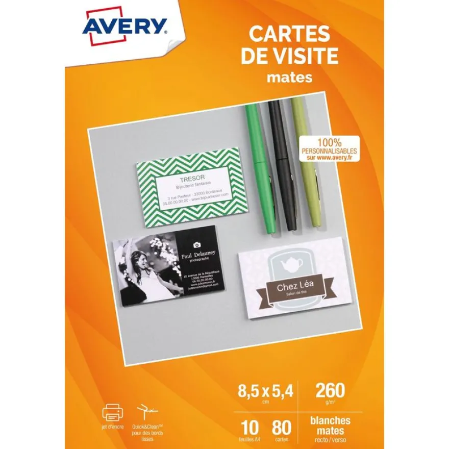 Avery - Papier pour 80 cartes de visite à bords lisses 85 x 54 mm - 260 g/m² - impression jet d'encre - 10 feuilles