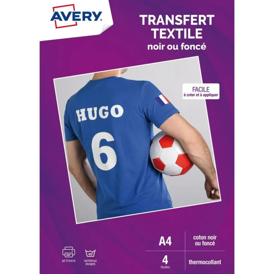 Avery - Papier transfert sur T-shirt/Textile foncé - 4 feuilles A4 - impression jet d'encre