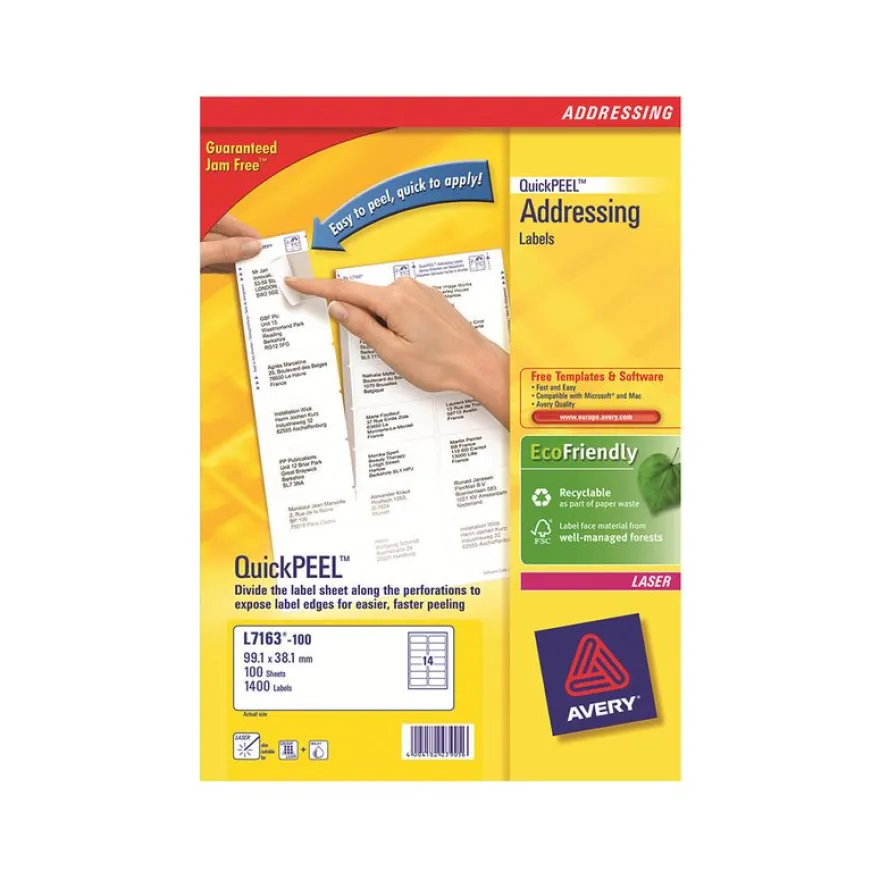 Avery QuickPEEL Recycled Labels - Adhésif permanent - blanc naturel - 38.1 x 99.1 mm 1400 étiquette(s) (100 feuille(s) x 14 étiquettes adresses