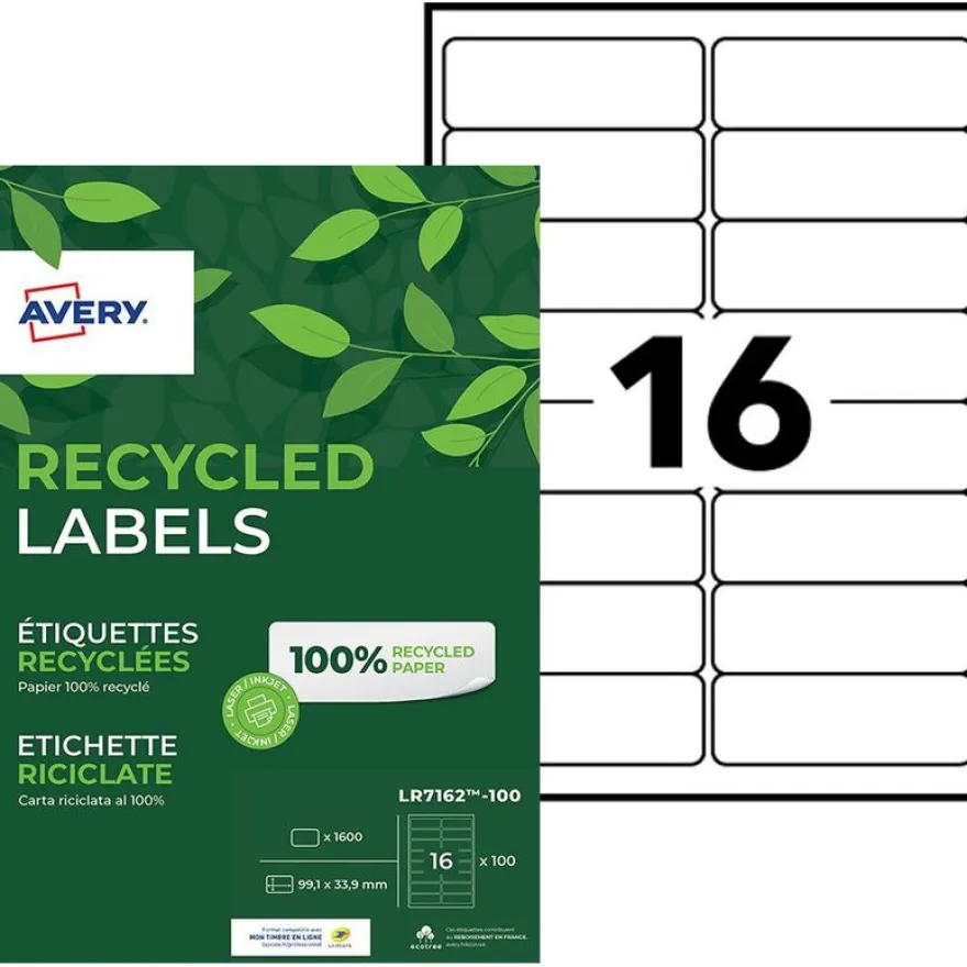 Avery QuickPEEL Recycled Labels - Adhésif permanent - blanc naturel - 33.9 x 99.1 mm 1600 étiquette(s) (100 feuille(s) x 16 étiquettes adresses