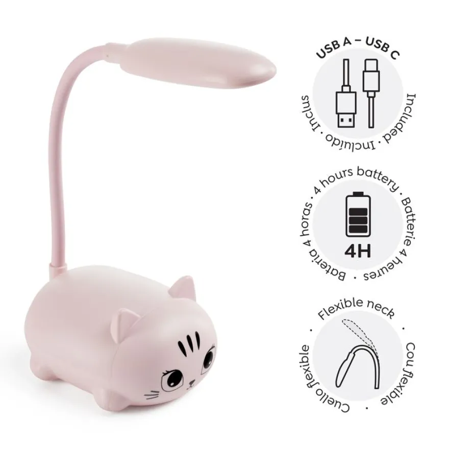 Back2Fun - Mini lampe chat pour enfants - LED douce - col flexible - idéale pour étudier ou comme veilleuse