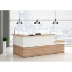 Banque d'accueil en angle 90° MUSA - L76 x H117 x P76 - Merisier arabis/blanc