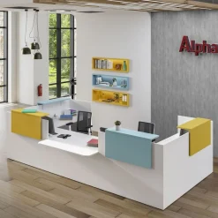 Banque d'accueil OLA - Ensemble composé de modules hauts(x2) + PMR + retours (x2) + tablettes (x2) jaune + (x2) bleu - L425 x P237,5 cm - blanc perle