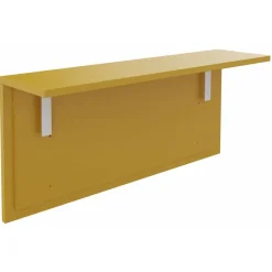 Banque d'accueil OLA - Ensemble composé de modules hauts(x2) + PMR + retours (x2) + tablettes (x2) jaune + (x2) bleu - L425 x P237,5 cm - blanc perle