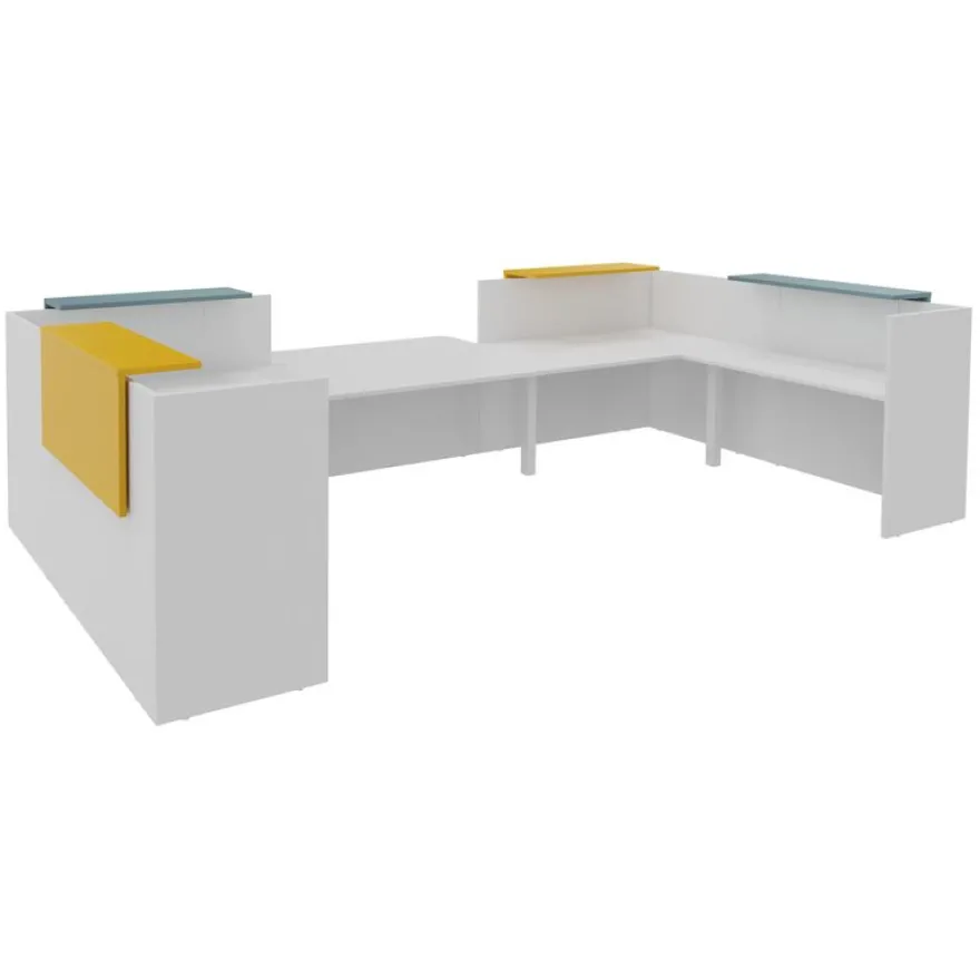 Banque d'accueil OLA - Ensemble composé de modules hauts(x2) + PMR + retours (x2) + tablettes (x2) jaune + (x2) bleu - L425 x P237,5 cm - blanc perle
