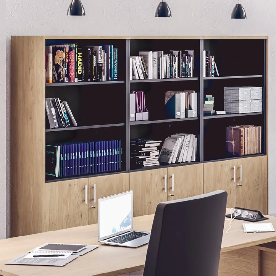 Bibliothèque haute IDRA/DUAL avec 2 portes basses - L80 x H180 x P47 - Corps anthracite - Portes et dessus imitation Chêne clair