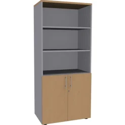 Bibliothèque haute IDRA/DUAL avec 2 portes basses - L80 x H180 x P47 - Corps alu - Portes et dessus imitation Hêtre