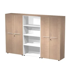 Bibliothèque haute triple Flora - L242,8xP43xH158,2 cm - 4 portes mélaminés - 9 étagères - merisier arabis